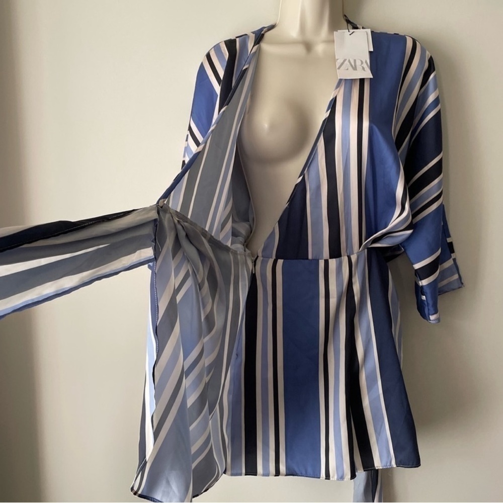 Zara Blue White Striped Wrap Lined Romper Size Small - Picture 12 of 16